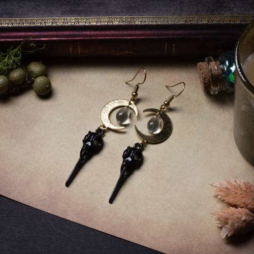 boucles d'oreilles crâne de corbeau noir et or