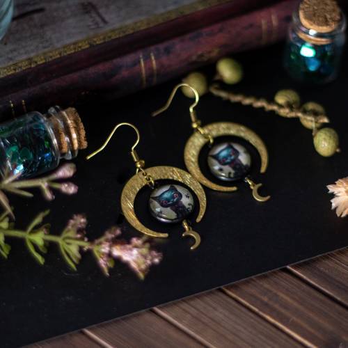 boucles d'oreilles cabochon en verre chat vampire