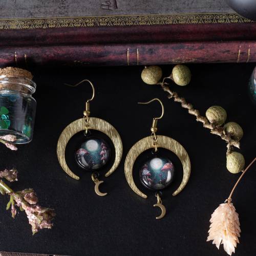 boucles d'oreilles cabochon en verre champignon et lune