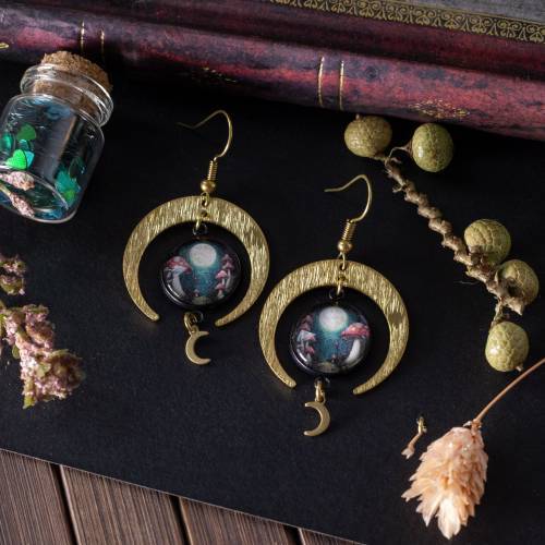 boucles d'oreilles cabochon en verre champignon et lune