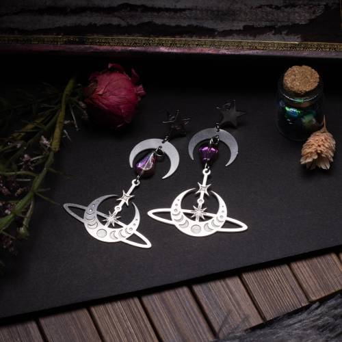 boucles d'oreilles lune - étoile géométrique  - Celeste  en acier