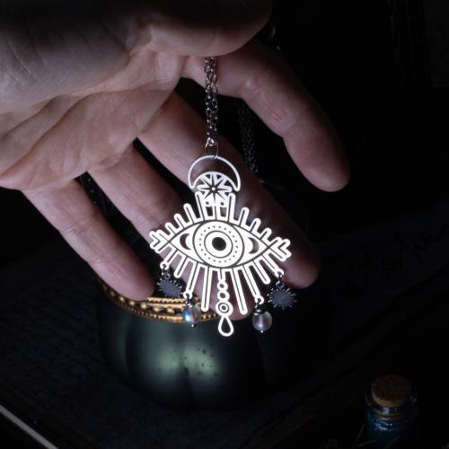 collier pendentif oeil porte bonheur en  acier inoxydable
