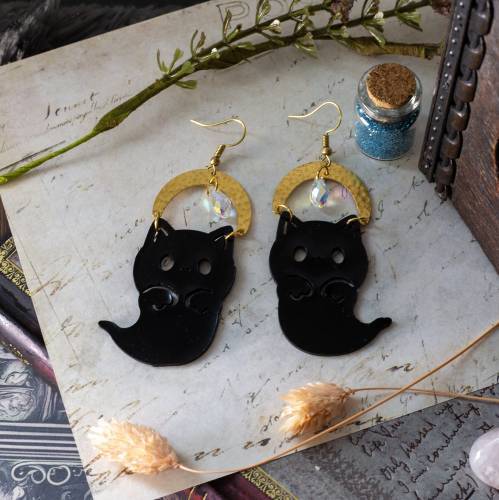 boucles d'oreilles chat fantôme en laiton et acrylique