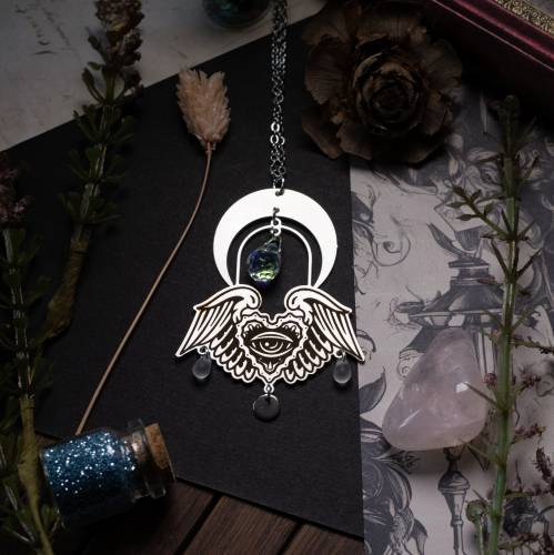 collier pendentif oeil et ailes en  acier inoxydable style vintage - rock