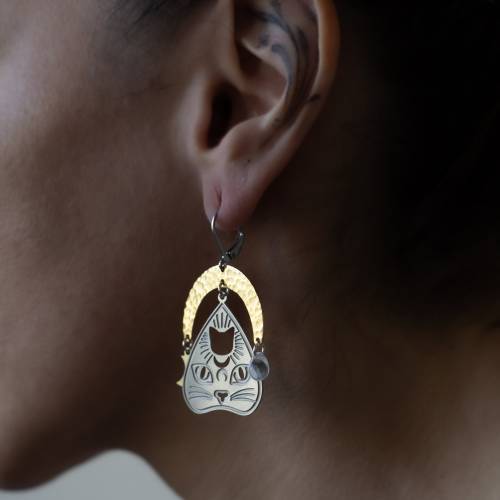 boucles d'oreilles  ouija chat  acier inoxydable et laiton