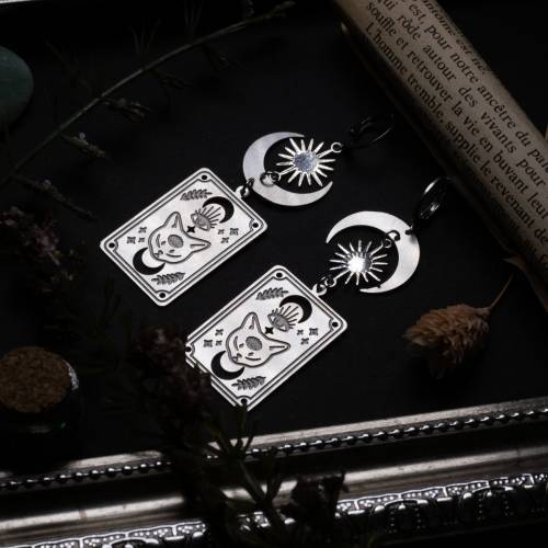 boucles d'oreilles asymétriques carte de tarot et serpent en acier inoxydable - chat
