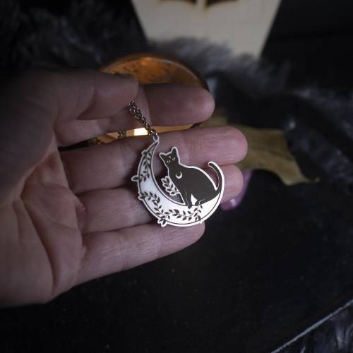 collier pendentif chat noir en acier inoxydable